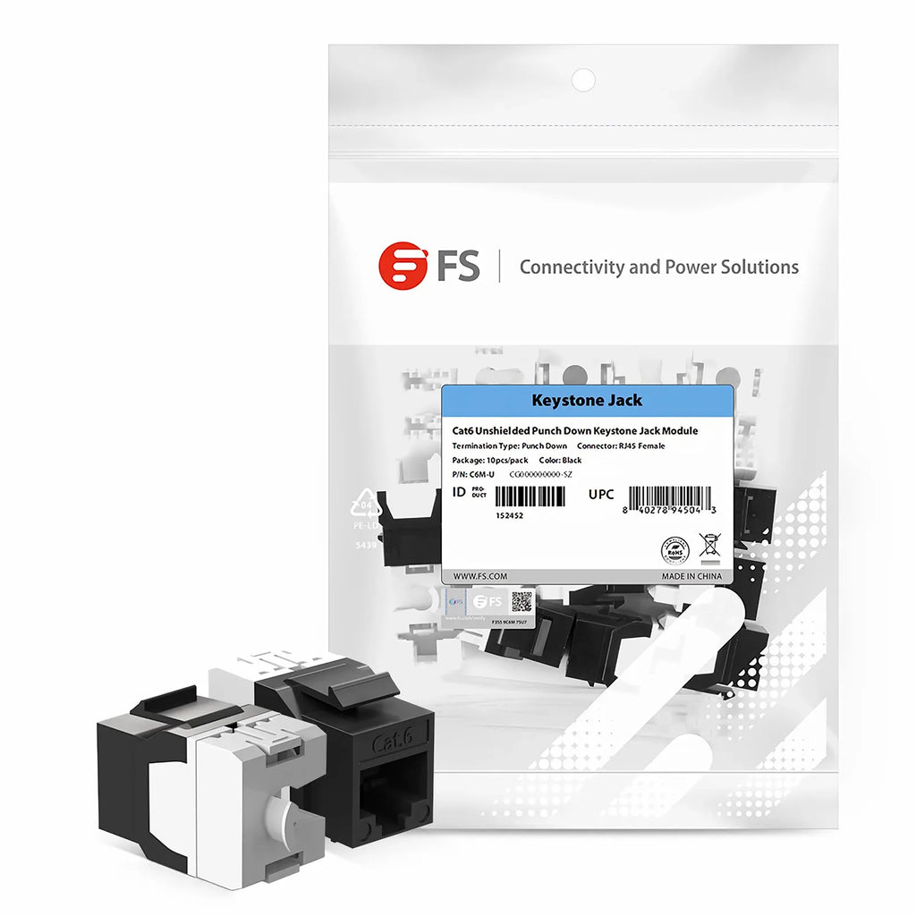 Cat6 RJ45 (8P8C) Unshielded Punch Down Keystone Jack Module, Black (10 pcs/Pack)
