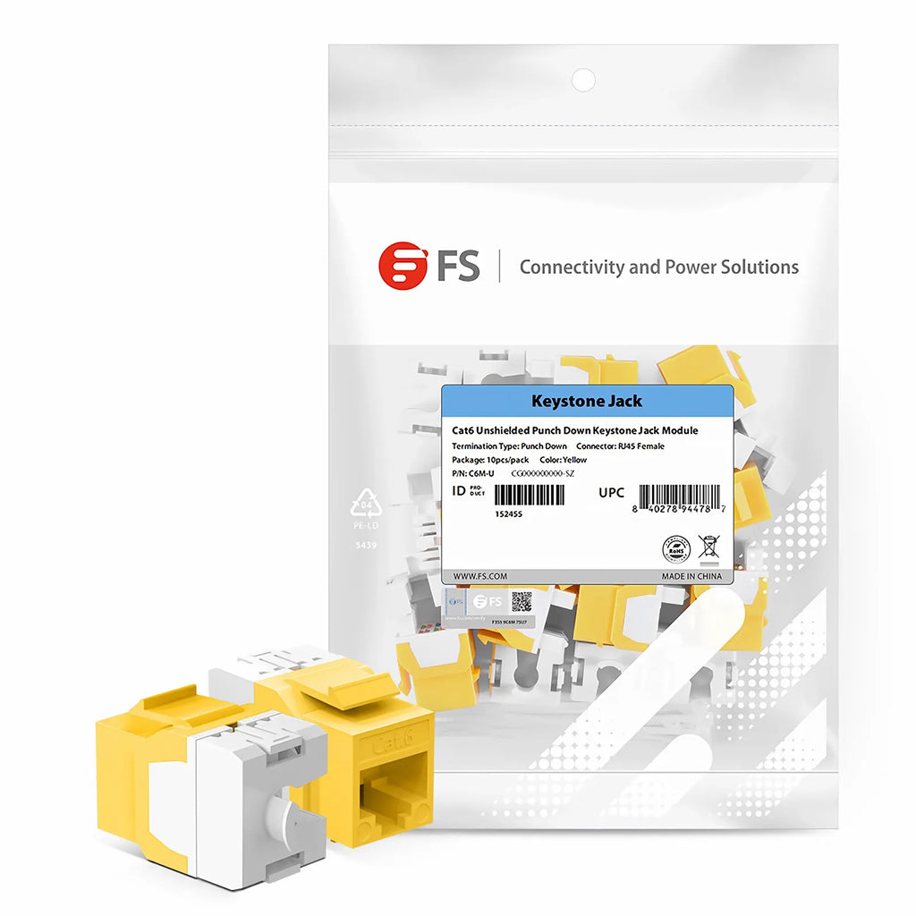 Cat6 RJ45 (8P8C) Unshielded Punch Down Keystone Jack Module, Yellow (10 pcs/Pack)