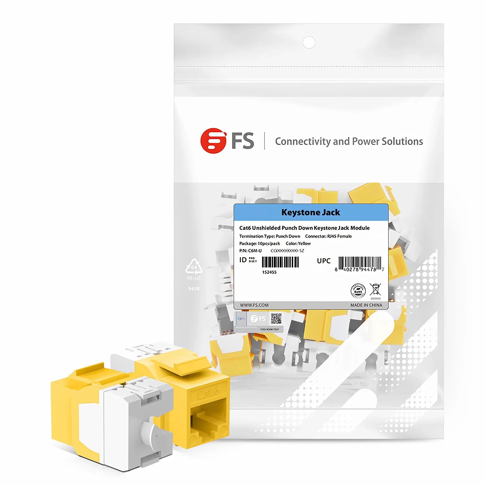 Cat6 RJ45 (8P8C) Unshielded Punch Down Keystone Jack Module, Yellow (10 pcs/Pack)