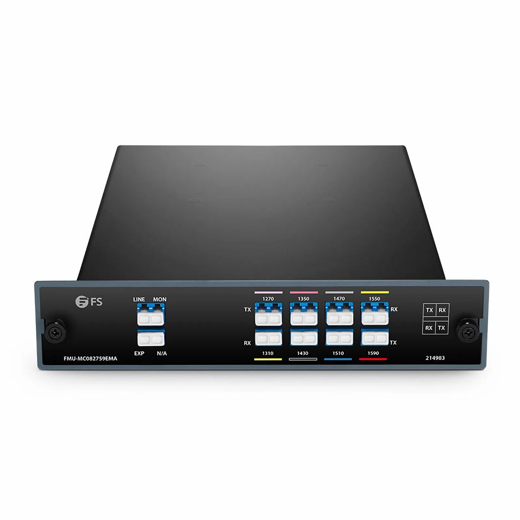8 Channels CWDM Mux Demux, 1270-1590nm, with Monitor and Expansion Port, 4.5dB Typical IL, LC/UPC, Single Fiber, Side A, FMU Plug-in Module
