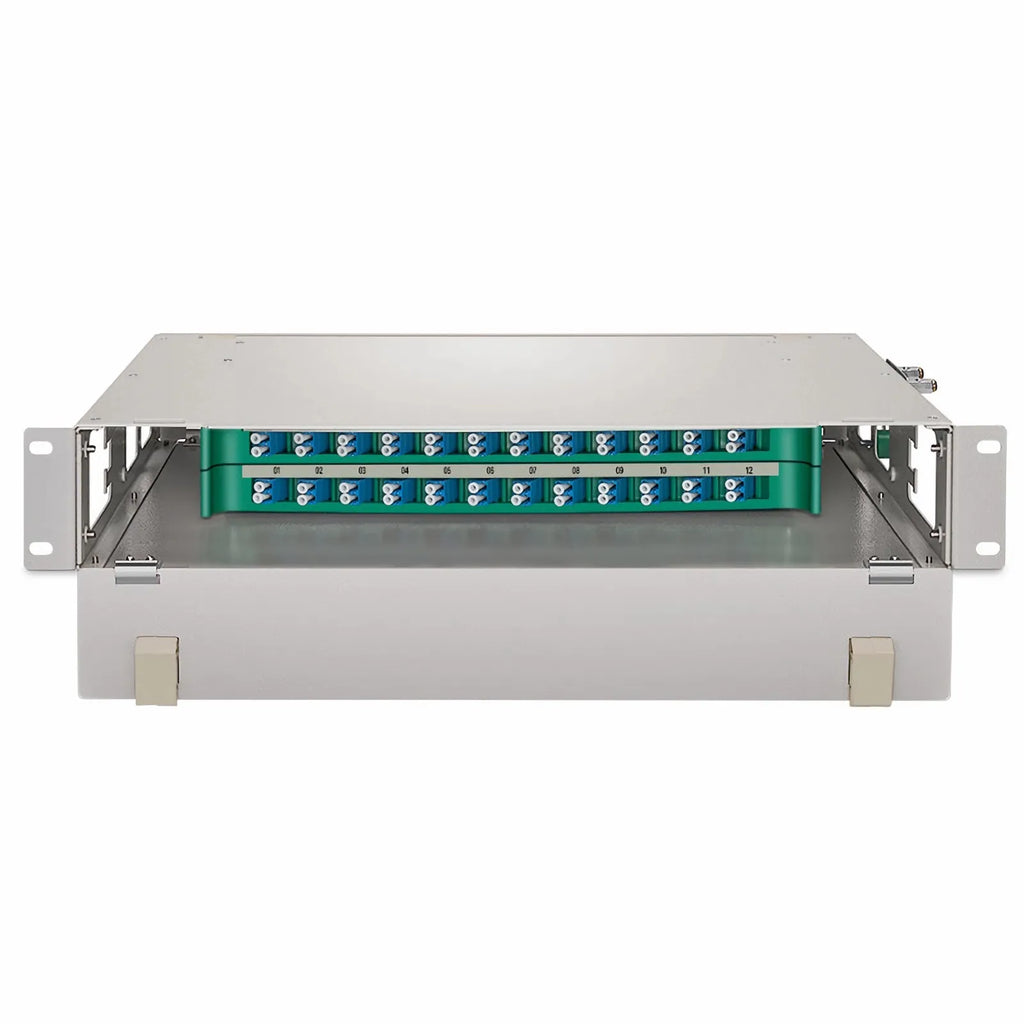 2U Rack Mount Fiber Optic Distribution Panel, 48 Fibers OS2 Single Mode, 24 x LC UPC Duplex (Blue) Adapter