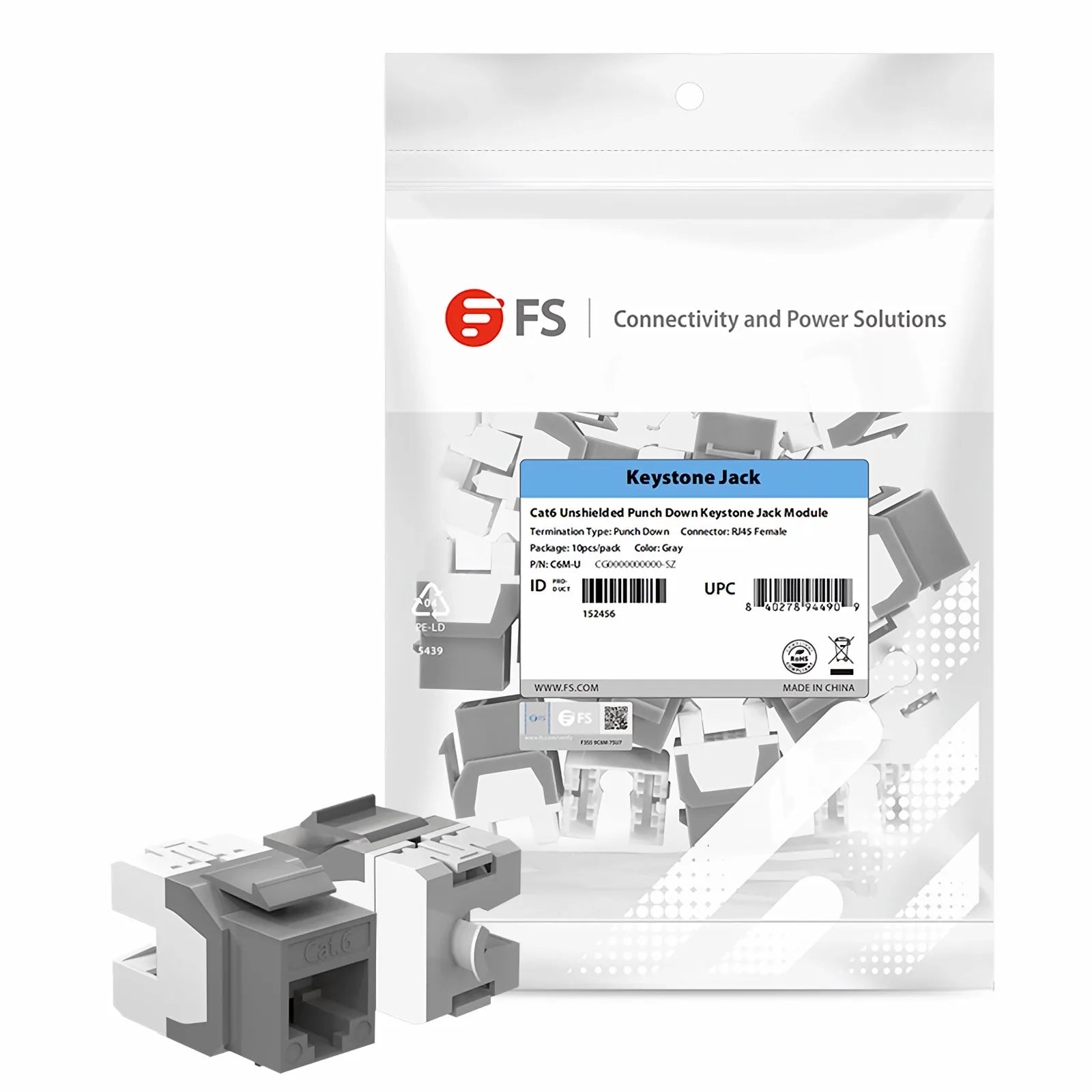 Cat6 RJ45 (8P8C) Unshielded Punch Down Keystone Jack Module, Gray (10 pcs/Pack)