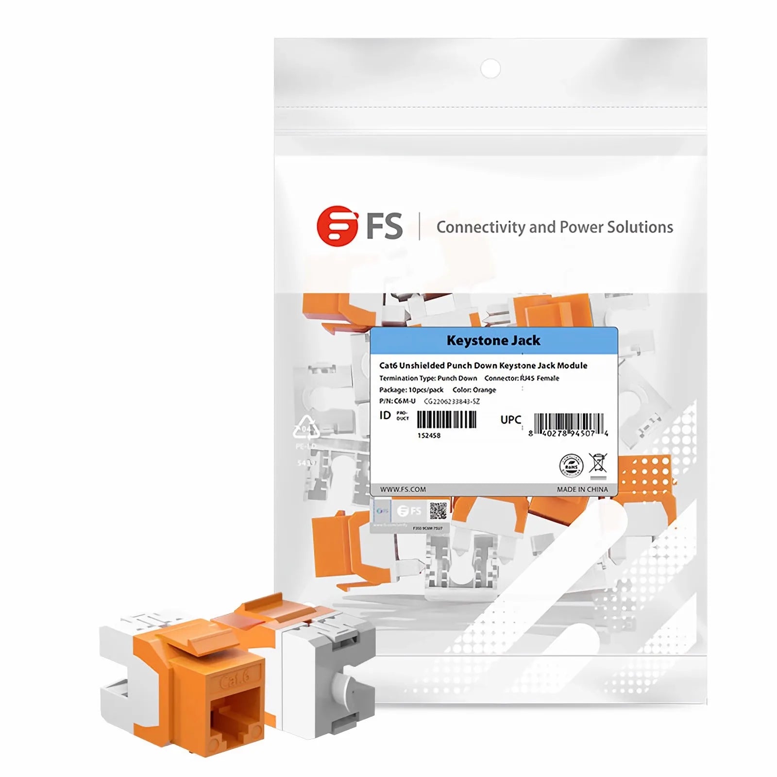Cat6 RJ45 (8P8C) Unshielded Punch Down Keystone Jack Module, Orange (10 pcs/Pack)