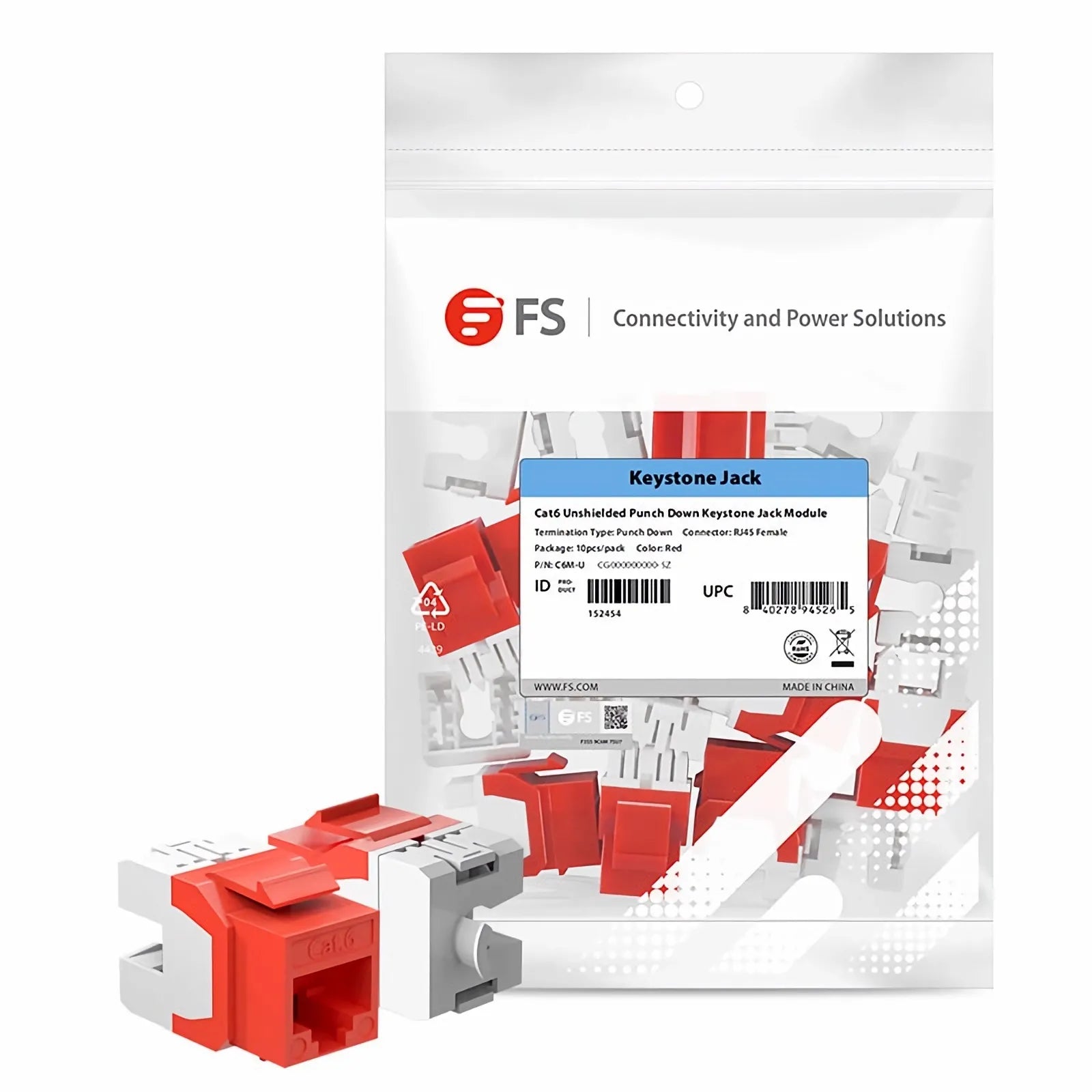 Cat6 RJ45 (8P8C) Unshielded Punch Down Keystone Jack Module, Red (10 pcs/Pack)