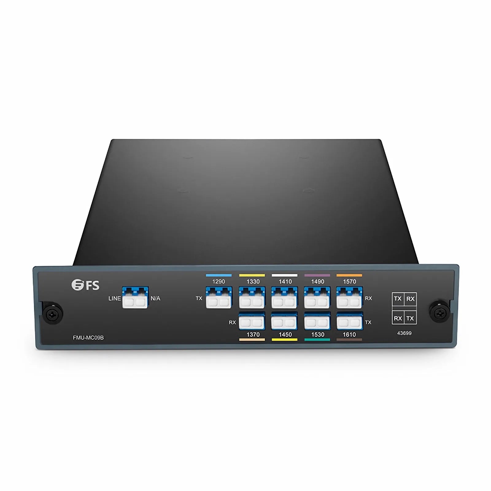 9 Channels CWDM Mux Demux, 1290-1610nm, 2.4dB Typical IL, LC/UPC, Single Fiber, Side-B, FMU Plug-in Module