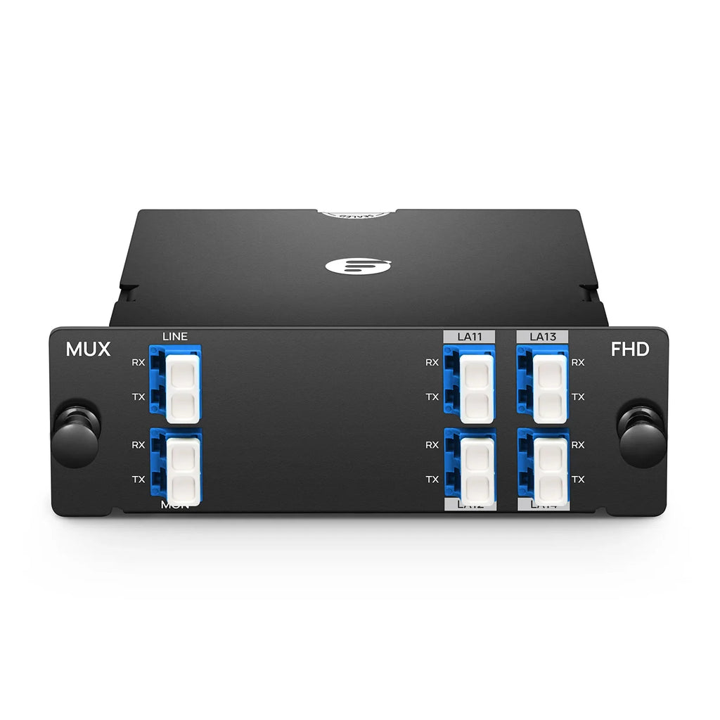 4 Channels LAN-WDM Mux Demux, 1295.56-1309.14nm, with Monitor Port, 1.5dB Typical IL, LC/UPC, Dual Fiber, High Density, FHDâ„¢ Plug-in Module