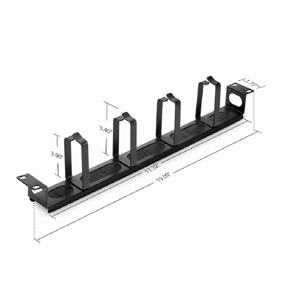 Recessed Horizontal Single Sided Pass-Thru Manager, 1RU, 4 D-rings & Brush Strip, 3.46 in. Depth