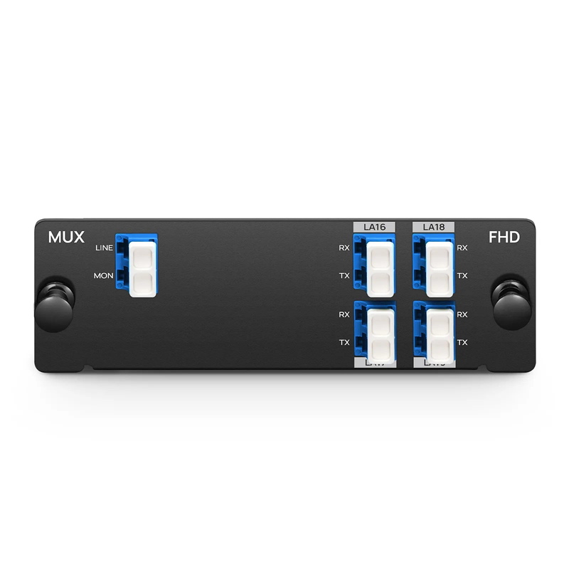 4 Channels LAN-WDM Mux Demux, 1273.55-1286.66nm, with Monitor Port, 2.8dB Typical IL, LC/UPC, Single Fiber, Side-B, High Density, FHDâ„¢ Plug-in Module