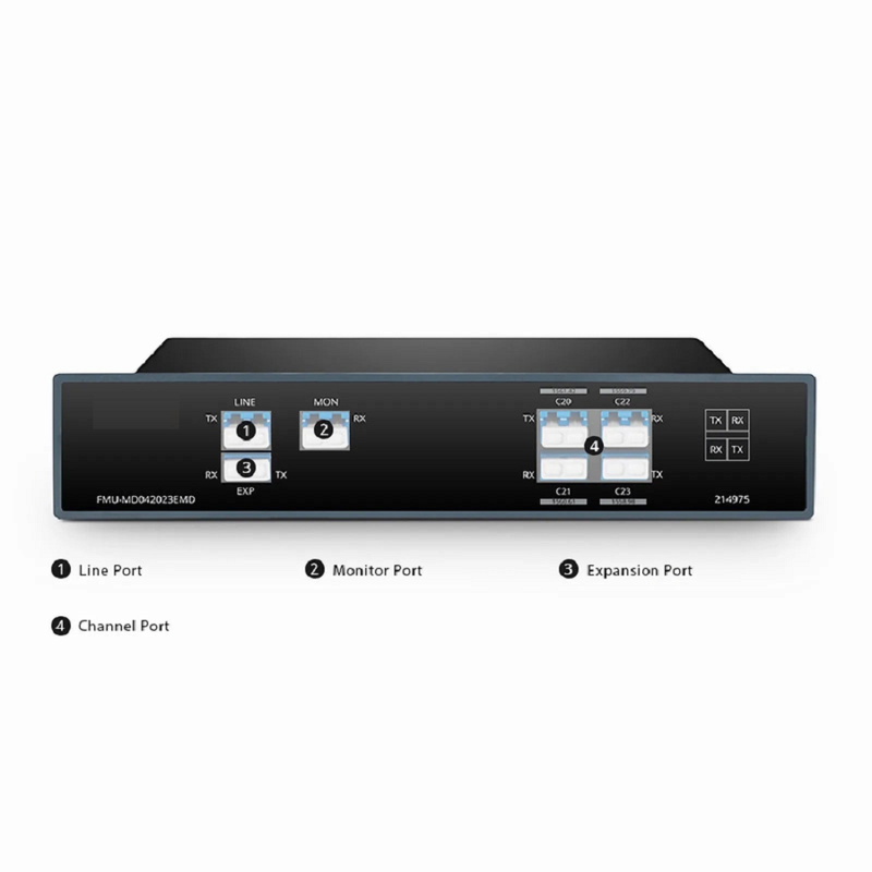 4 Channels DWDM Mux Demux, 100GHz C20-C23, with Monitor and Expansion Port, 1.6dB Typical IL, LC/UPC, Dual Fiber, FMU Plug-in Module