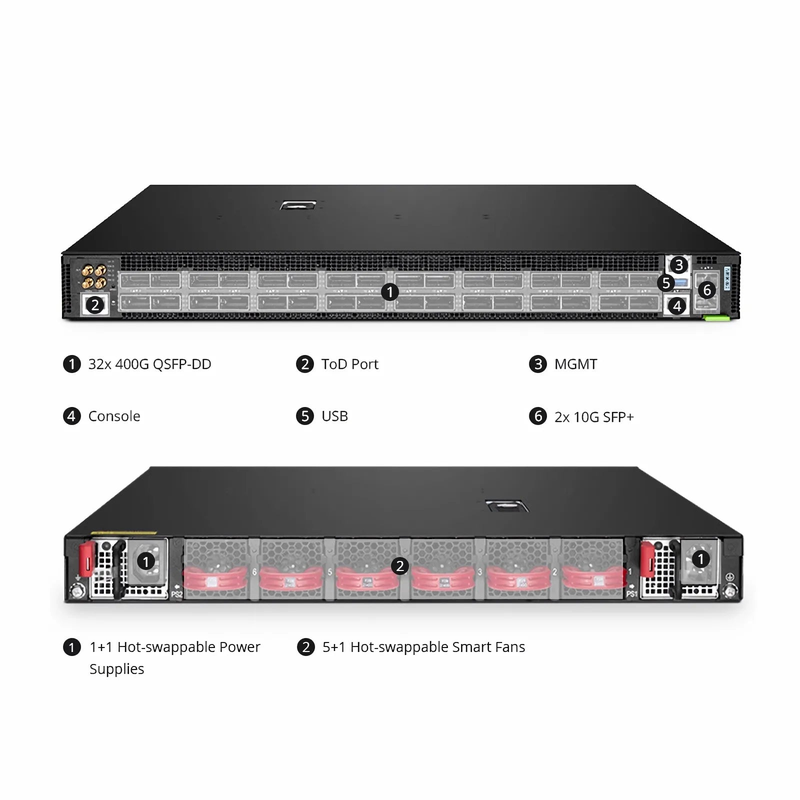 N9550-32D, 32-Port Ethernet HPC/AI Data Center Switch, 32 x 400Gb QSFP-DD, PicOSÂ®, Broadcom Tomahawk 3 Chip, Front-to-Back Airflow