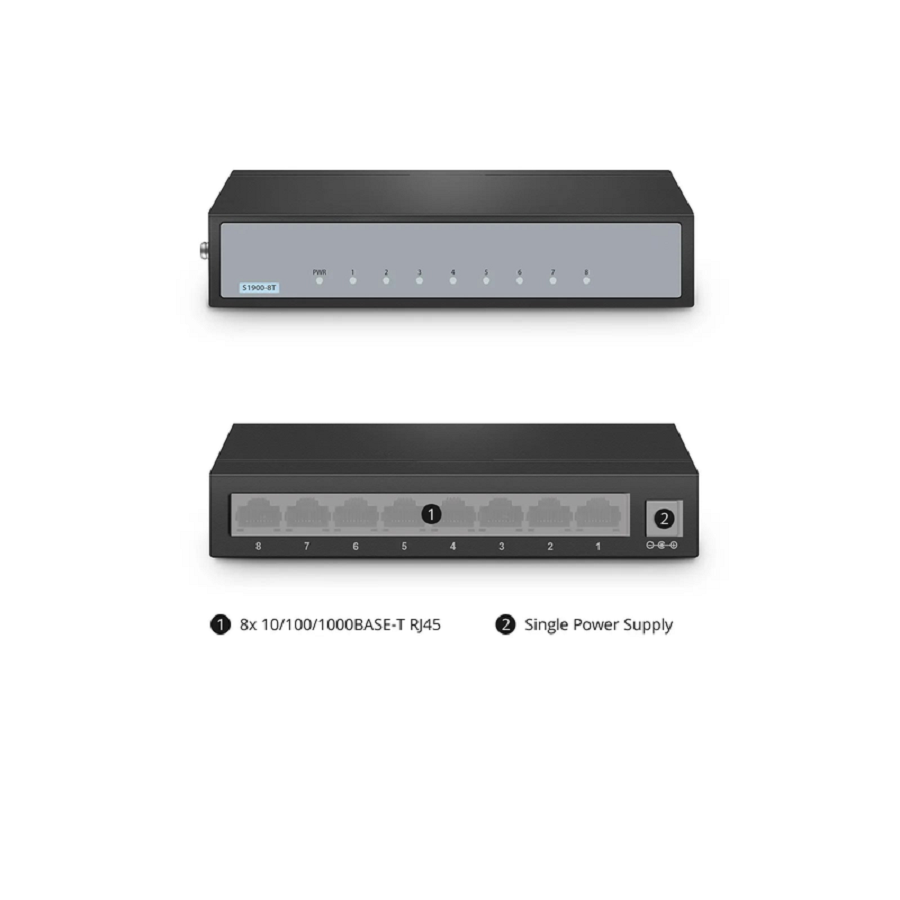 S1900-8T, 8-Port Gigabit Ethernet L2 Unmanaged Switch, 8x 10/100/1000BASE-T RJ45, Metal, Fanless, Desktop/Wall-Mount