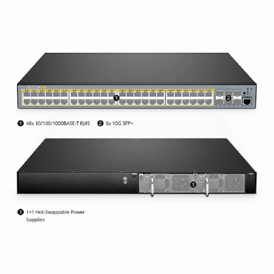S5500-48T6SP-R, 48-Port Gigabit Ethernet L3 PoE+ Switch, 48 x PoE+ Ports @760W, with 6 x 10Gb SFP+, Support Stacking