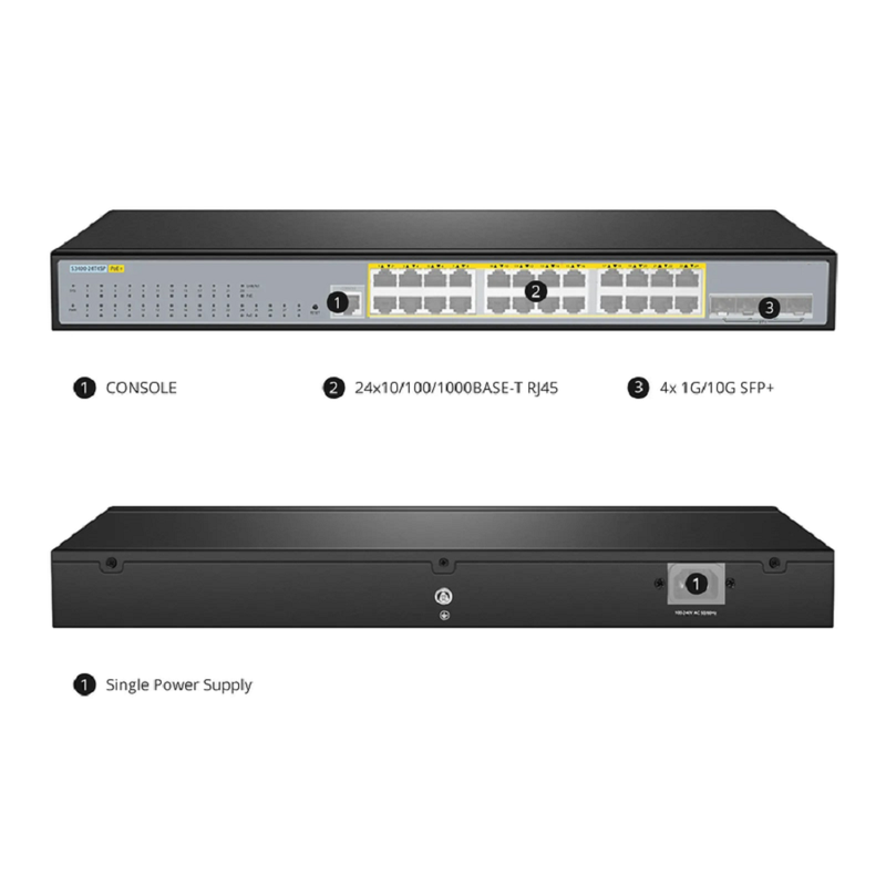 S3400-24T4SP, 24-Port Gigabit Ethernet L2+ PoE+ Switch, 24 x PoE+ Ports @370W, with 4 x 10Gb SFP+ Uplinks, Support Stacking