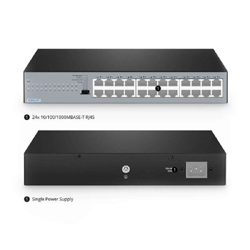 S2500L-24T, 24-Port Gigabit Ethernet L2 Unmanaged Switch, 24 x 10/100/1000M Gigabit RJ45, Fanless, Desktop/Rackmount
