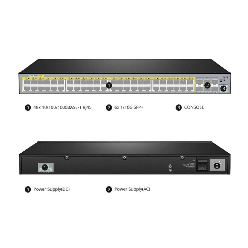 S3400-48T6SP, 48-Port Gigabit Ethernet L2+ PoE+ Switch, 48 x PoE+ Ports @370W, with 6 x 10Gb SFP+ Uplinks, AC+DC Power Supplies, Support Stacking