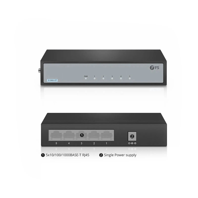 S1900-5T, 5-Port Gigabit Ethernet L2 Unmanaged Switch, 5x 10/100/1000BASE-T RJ45, Metal, Fanless, Desktop/Wall-Mount