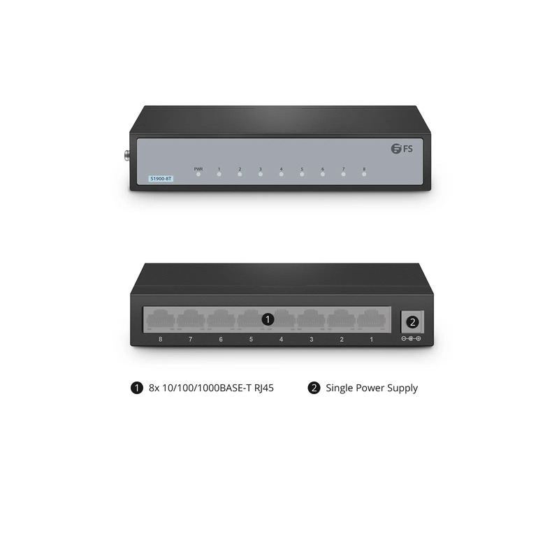 S1900-8T, 8-Port Gigabit Ethernet L2 Unmanaged Switch, 8x 10/100/1000BASE-T RJ45, Metal, Fanless, Desktop/Wall-Mount