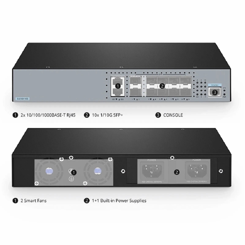 S3260-10S, 10-Port Ethernet L3 Managed Switch, 10 x 10Gb SFP+, with 2 x Gigabit RJ45, Support Stacking