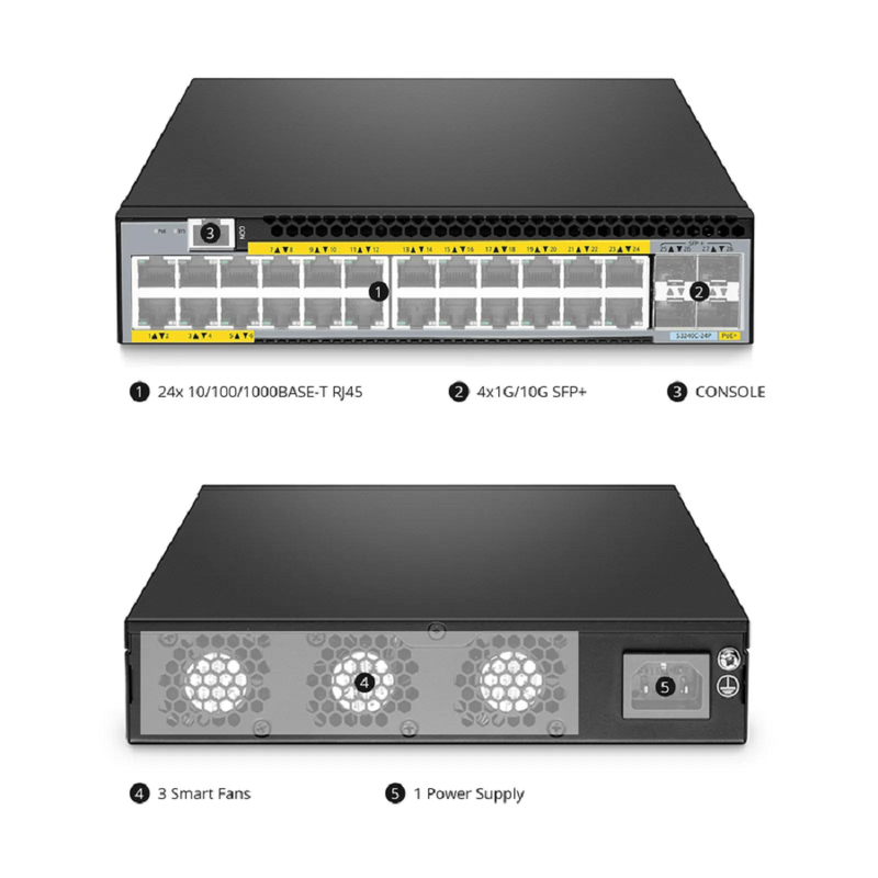 S3240C-24P, 24-Port Gigabit Ethernet L2+ PoE+ Switch, 24 x PoE+ Ports@380W, with 4 x 10Gb SFP+ Uplinks