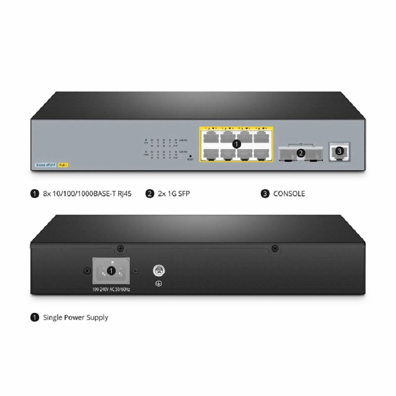 S3260-8T2FP, 8-Port Gigabit Ethernet L2+ PoE+ Switch, 8 x PoE+ Ports @240W, with 2 x 1Gb SFP Uplinks, Support IEEE 802.3af/at