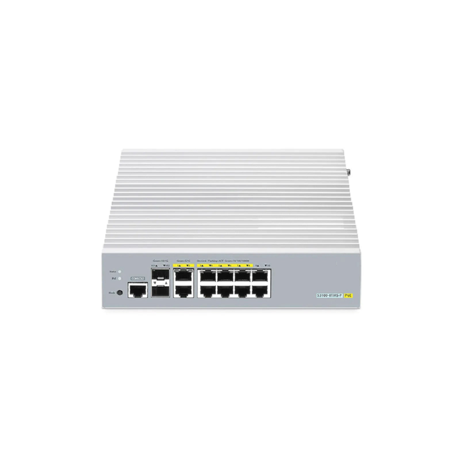 S3100-8TMS-P, 8-Port Gigabit Ethernet L2+ PoE+ Switch, 6 x PoE+ Ports, 2 x 5Gb PoE+ Ports@125W, 2 x 1Gb RJ45, with 2 x 10Gb SFP+ Uplinks, Broadcom Chip, Fanless