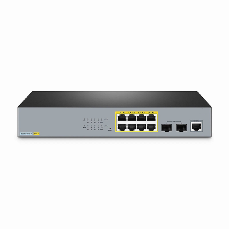 S3260-8T2FP, 8-Port Gigabit Ethernet L2+ PoE+ Switch, 8 x PoE+ Ports @240W, with 2 x 1Gb SFP Uplinks, Support IEEE 802.3af/at