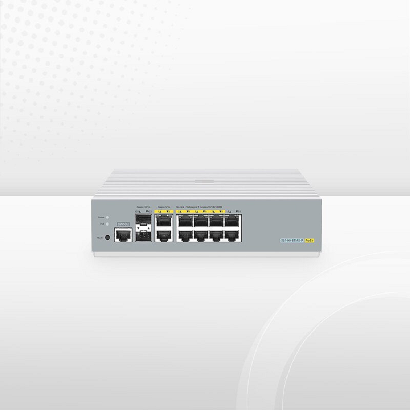 S3100-8TMS-P, 8-Port Gigabit Ethernet L2+ PoE+ Switch, 6 x PoE+ Ports, 2 x 5Gb PoE+ Ports@125W, 2 x 1Gb RJ45, with 2 x 10Gb SFP+ Uplinks, Broadcom Chip, Fanless