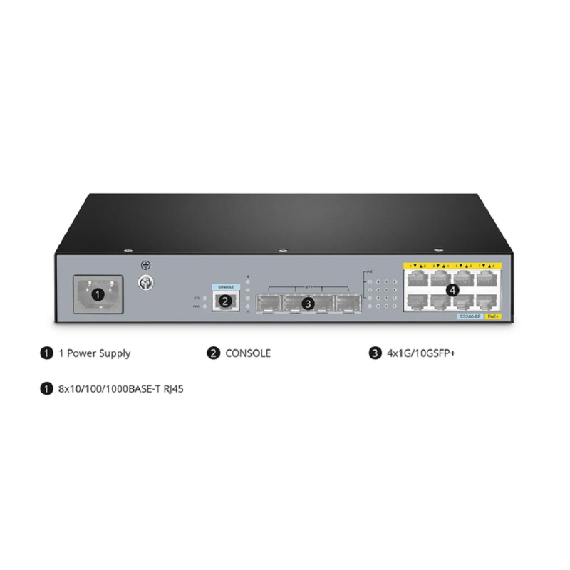 S3240-8P, 8-Port Gigabit Ethernet L2+ PoE+ Switch, 8 x PoE+ Ports@120W, with 4 x 10Gb SFP+ Uplinks, Stackable Switch, Fanless