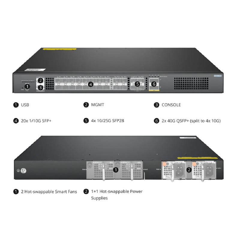 S5860-20SQ, 24-Port Ethernet L3 Switch, 20 x 10Gb SFP+, with 4 x 25Gb SFP28 and 2 x 40Gb QSFP+, Support Stacking, Broadcom Chip