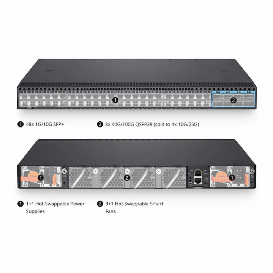 S5580-48S, 48-Port Ethernet L3 Switch, 48x 10Gb SFP+, with 8x 100Gb QSFP28 Uplinks, PicOSÂ®, support EVPN-VXLAN&MLAG, Broadcom Chip