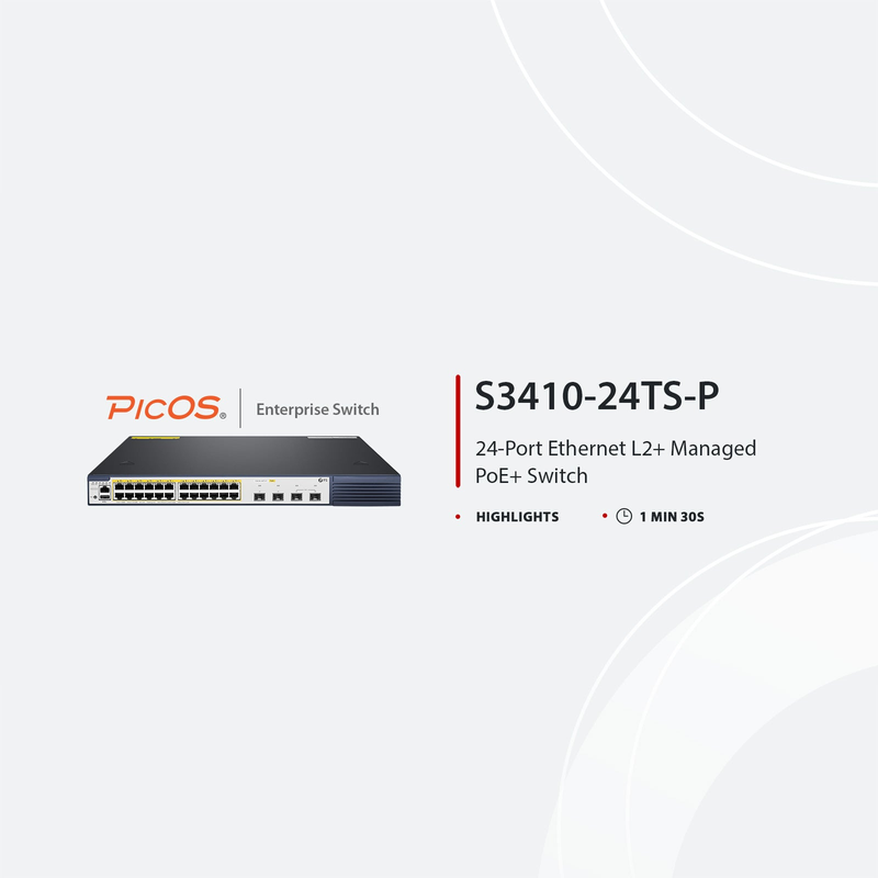 S3410-24TS-P, 24-Port Gigabit Ethernet L2+ PoE+ Switch, 24 x PoE+ Ports @740W, with 2 x 10Gb SFP+ Uplinks and 2 x Combo SFP Ports, PicOSÂ®, Support MLAG, Broadcom Chip