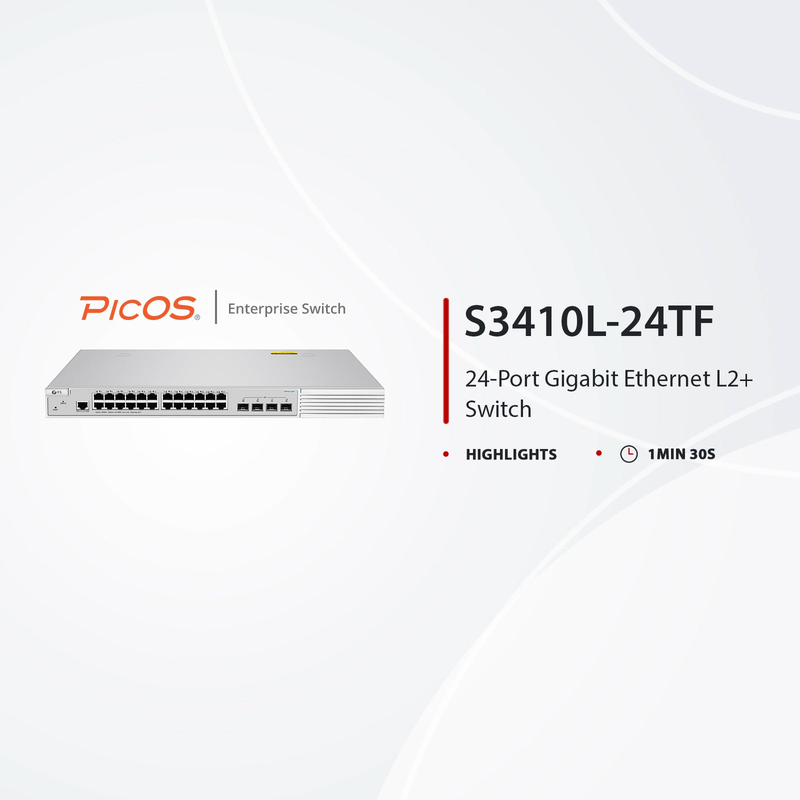 S3410L-24TF, 24-Port Gigabit Ethernet L2+ Switch, 24 x Gigabit RJ45, with 4 x 1Gb SFP Uplinks, PicOSÂ®, Support MLAG, Broadcom Chip, Fanless