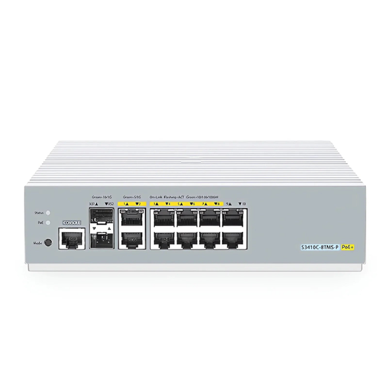 S3410C-8TMS-P, 8-Port Gigabit Ethernet L2+ PoE+ Switch, 8 x PoE+ Ports@125W, 2 x 5Gb RJ45, with 2 x 10Gb SFP+ Uplinks, PicOSÂ®, Support MLAG, Broadcom Chip, Fanless