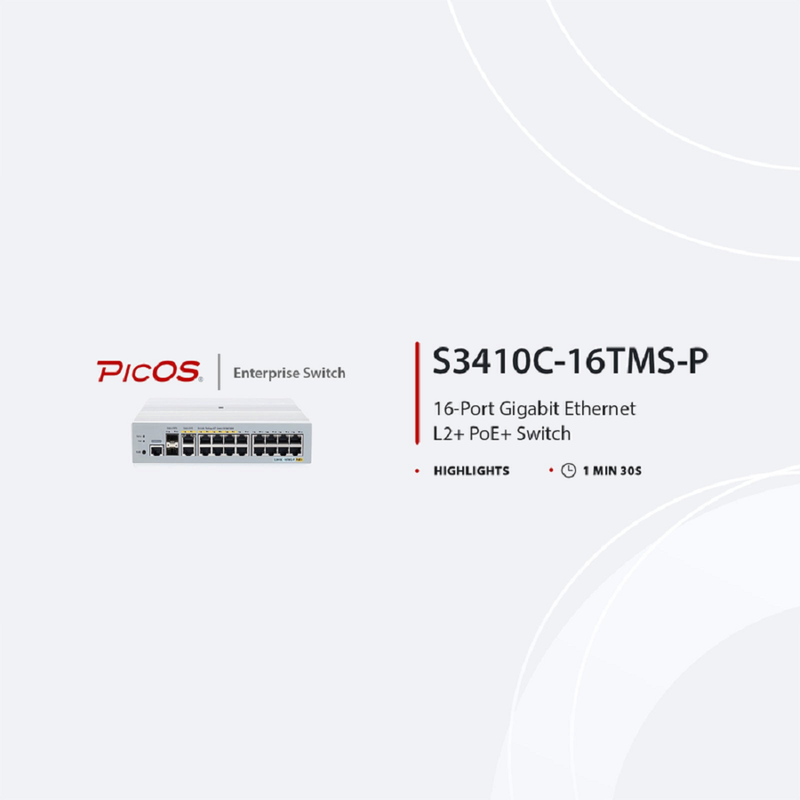 S3410C-16TMS-P, 16-Port Gigabit Ethernet L2+ PoE+ Switch, 6 x PoE+ Ports, 2 x 5Gb PoE+ Ports@125W, 10 x 1Gb RJ45, with 2 x 10Gb SFP+ Uplinks, PicOSÂ®, Support MLAG, Broadcom Chip, Fanless