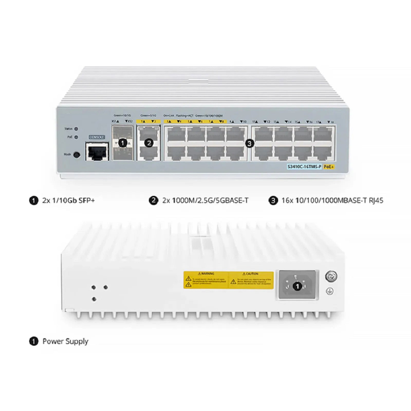 S3410C-16TMS-P, 16-Port Gigabit Ethernet L2+ PoE+ Switch, 6 x PoE+ Ports, 2 x 5Gb PoE+ Ports@125W, 10 x 1Gb RJ45, with 2 x 10Gb SFP+ Uplinks, PicOSÂ®, Support MLAG, Broadcom Chip, Fanless