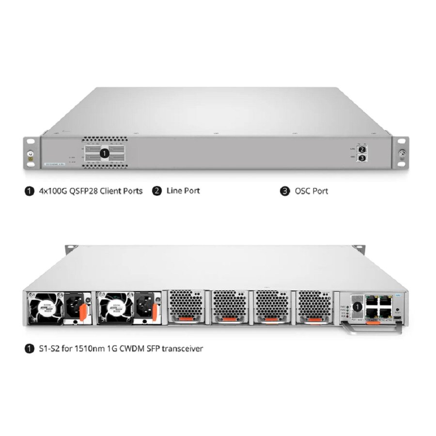 D5110-M04EC-E-ZR+, 4 Channel 100G Active DWDM Multiplexer for Open Line Systems, C21, 4 x 100G QSFP28, Dual Fiber, 1U Rack Mount, 0-120km, Support AmpCon-T/WebGUI Network Management