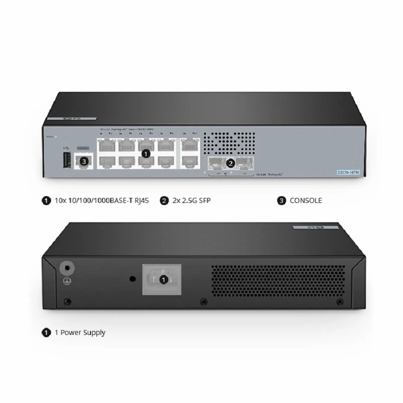 S3270-10TM, 10-Port Gigabit Ethernet L2+ Switch, 10 x Gigabit RJ45, with 2 x 1/2.5Gb SFP Uplinks, PicOSÂ®, Broadcom Chip