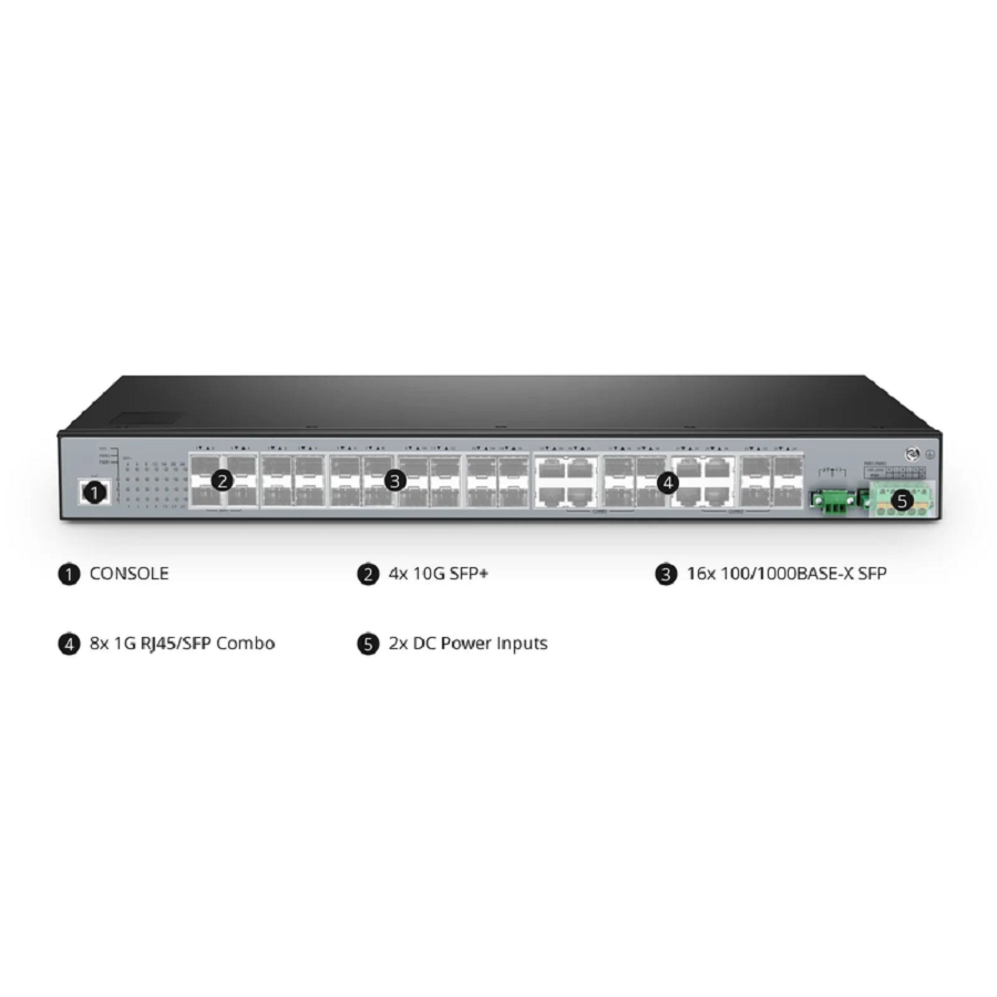 IES5100-24FS, 24-Port Gigabit Ethernet L2+ Managed Industrial Switch, 16 x 1Gb SFP, with 8 x 1Gb RJ45/SFP Combo and 4 x 10Gb SFP+, -40 to 85Â°C Operating Temperature