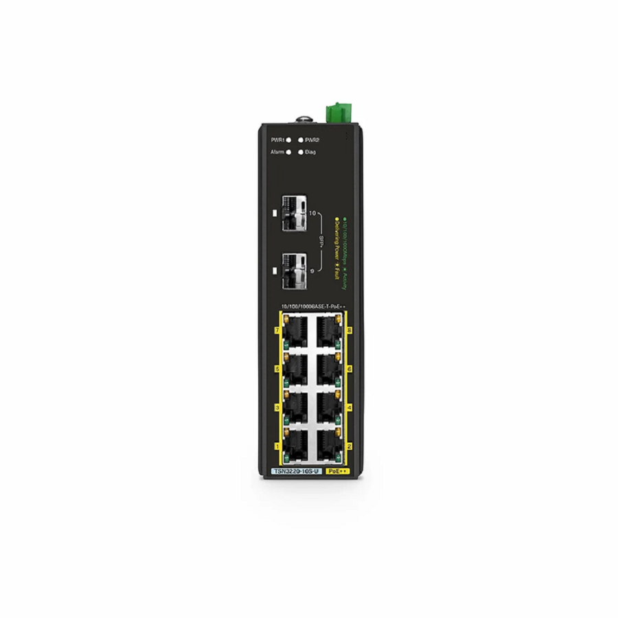 TSN3220-10S-U, 8-Port Gigabit Ethernet L2 Managed TSN Industrial PoE++ Switch, 8 x PoE++ Ports@360W, with 2 x 1/10Gb SFP+, -40 to 75Â°C Operating Temperature