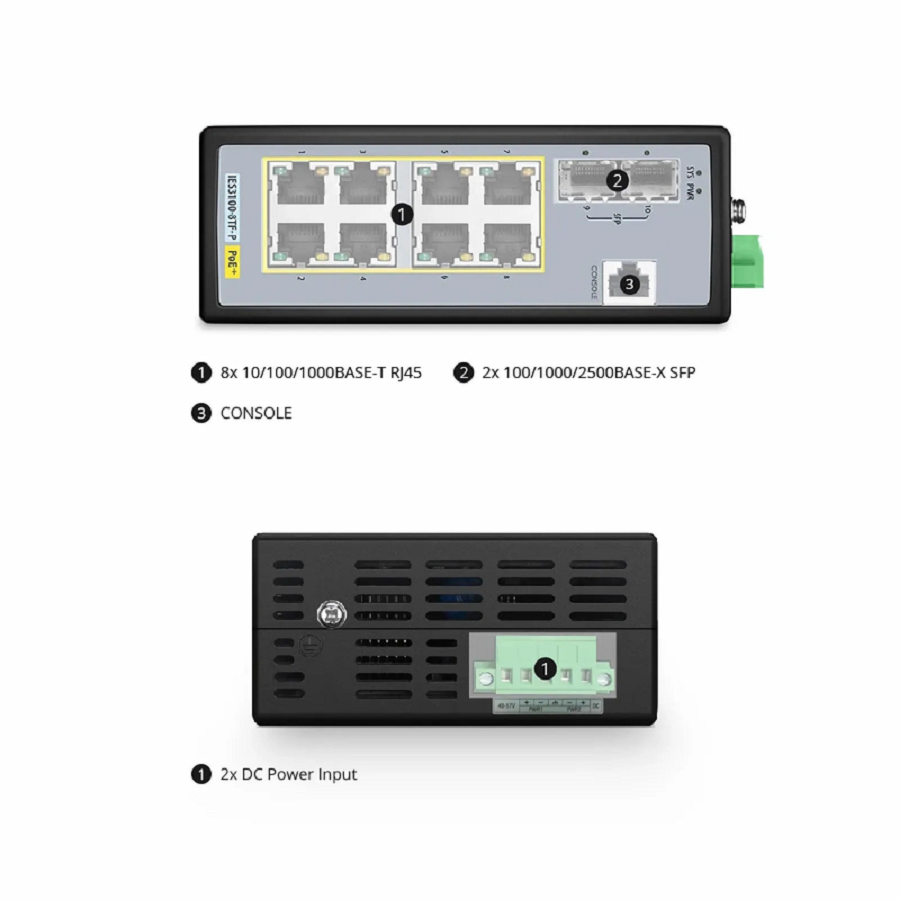 IES3100-8TF-P, 8-Port Gigabit Ethernet L2+ Managed Industrial PoE+ Switch, 8 x PoE+ Ports @240W, with 2 x 1/2.5Gb SFP, Wide-Temp