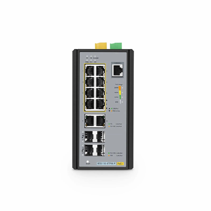 IES3110-8TFM-P, 8-Port Gigabit Ethernet L2+ Managed Industrial PoE+ Switch, 8 x PoE+ Ports @240W, and 2 x 10/100/1000BASE-T, with 2 x 1Gb SFP, 2 x 1/2.5Gb SFP, -40 to 75Â°C Operating Temperature