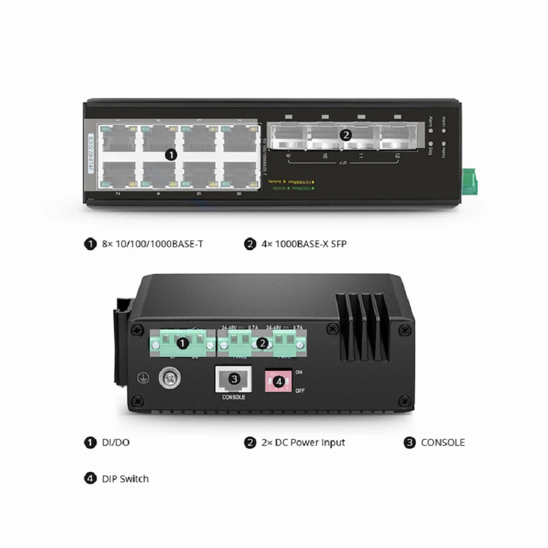 IES3220-8T4F, 8-Port Gigabit Ethernet L2+ Managed Industrial Switch, 8 x 10/100/1000BASE-T, with 4 x 1Gb SFP, -40 to 75Â°C Operating Temperature