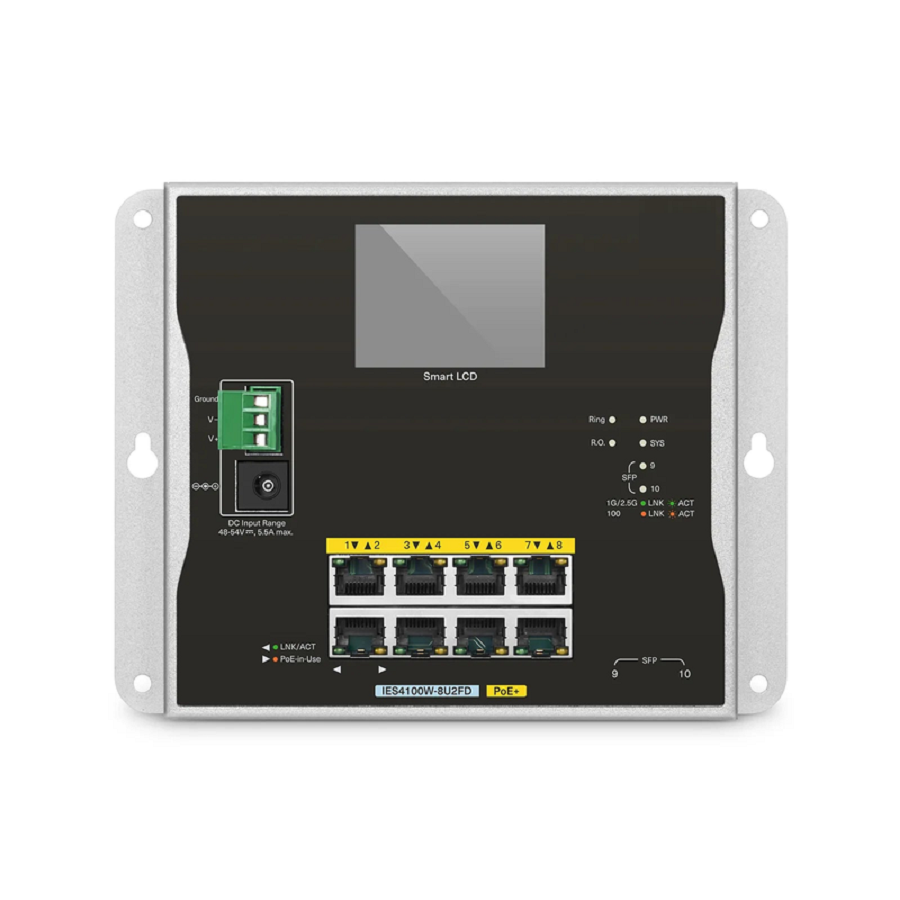 IES4100W-8U2FD, 8-Port Gigabit Ethernet L2+ Managed Industrial PoE+ Switch, 8 x PoE+ Ports@240W, with 2 x 1/2.5Gb SFP, -20 to 70Â°C Operating Temperature