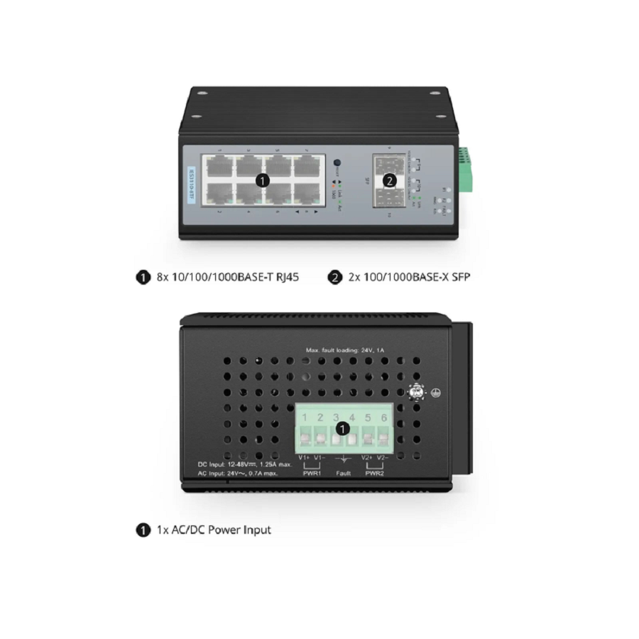 IES3110-8TF, 8-Port Gigabit Ethernet L2+ Managed Industrial Switch, 8 x 10/100/1000BASE-T, with 2 x 1Gb SFP, -40 to 75Â°C Operating Temperature