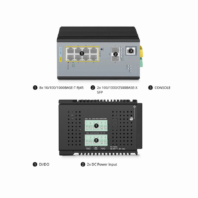 IES3110-8TF-P, 8-Port Gigabit Ethernet L2+ Managed Industrial PoE+ Switch, 8 x PoE+ Ports @240W, with 2 x 1/2.5Gb SFP, -40 to 75Â°C Operating Temperature