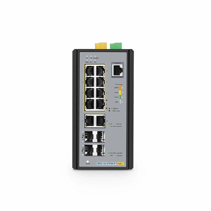 IES3110-8TFM-P, 8-Port Gigabit Ethernet L2+ Managed Industrial PoE+ Switch, 8 x PoE+ Ports @240W, and 2 x 10/100/1000BASE-T, with 2 x 1Gb SFP, 2 x 1/2.5Gb SFP, -40 to 75Â°C Operating Temperature