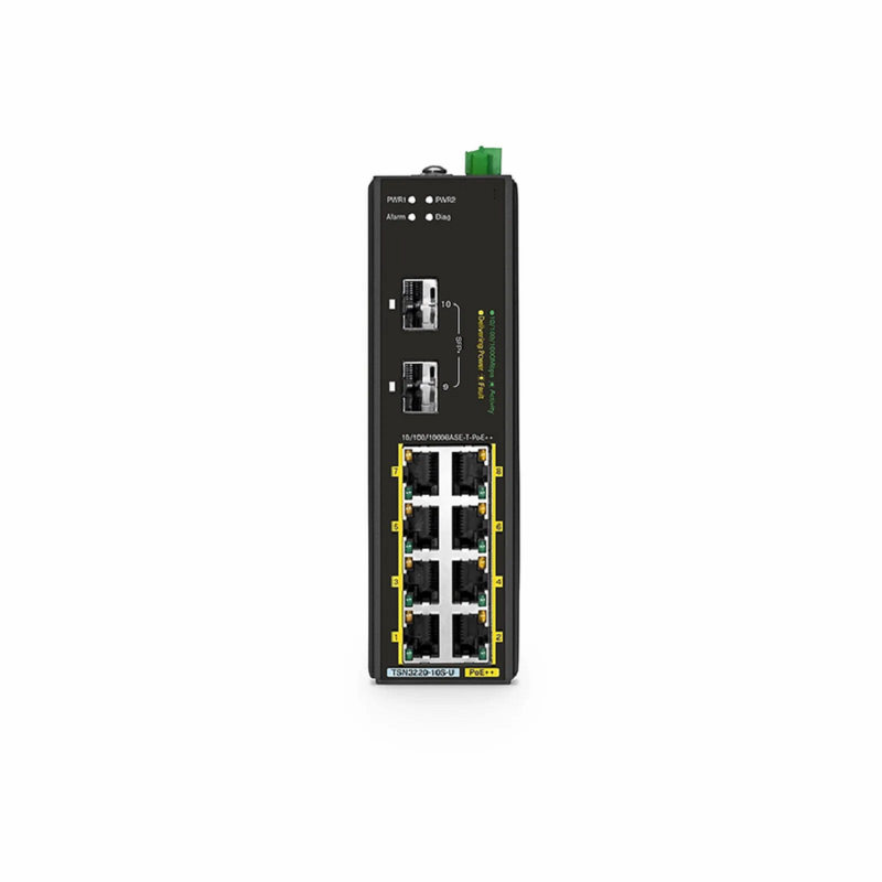 TSN3220-10S-U, 8-Port Gigabit Ethernet L2 Managed TSN Industrial PoE++ Switch, 8 x PoE++ Ports@360W, with 2 x 1/10Gb SFP+, -40 to 75Â°C Operating Temperature