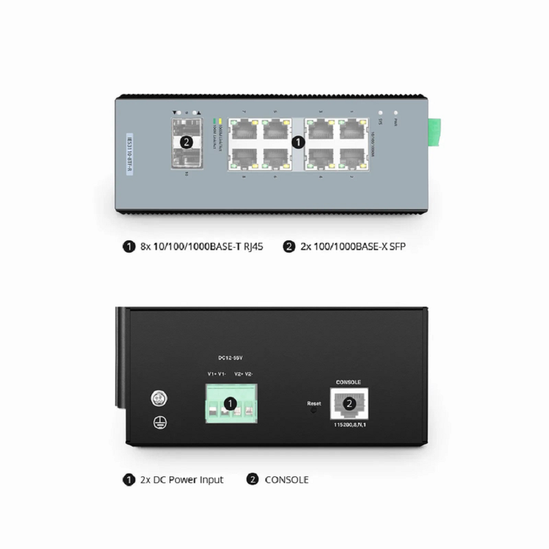 IES3110-8TF-R, 8-Port Gigabit Ethernet L2+ Managed Industrial Switch, 8 x 10/100/1000BASE-T, with 2 x 1Gb SFP, -40 to 75Â°C Operating Temperature