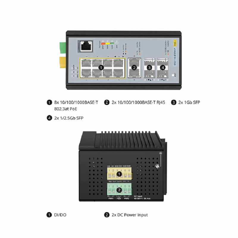 IES3110-8TFM-P, 8-Port Gigabit Ethernet L2+ Managed Industrial PoE+ Switch, 8 x PoE+ Ports @240W, and 2 x 10/100/1000BASE-T, with 2 x 1Gb SFP, 2 x 1/2.5Gb SFP, -40 to 75Â°C Operating Temperature