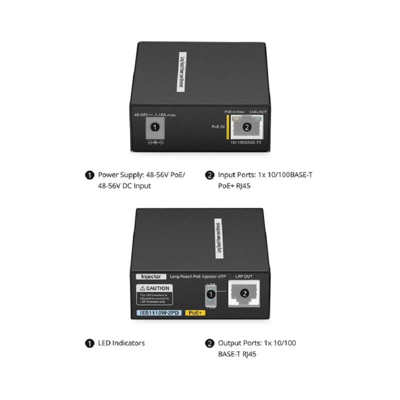 IES1110W-2PD, 1-Port 10/100M Fast Ethernet Long Reach PoE over UTP Injector, 1 x PoE+ Input to 1 x 10/100BASE-T RJ45 Output, -20 to 70Â°C Operating Temperature